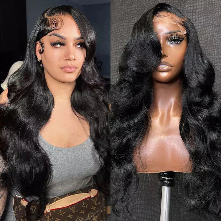 Full Parting Deep Side Part 13x4 Transparent Lace Frontal Wigs Body Wave Texture Natural Black 1b 