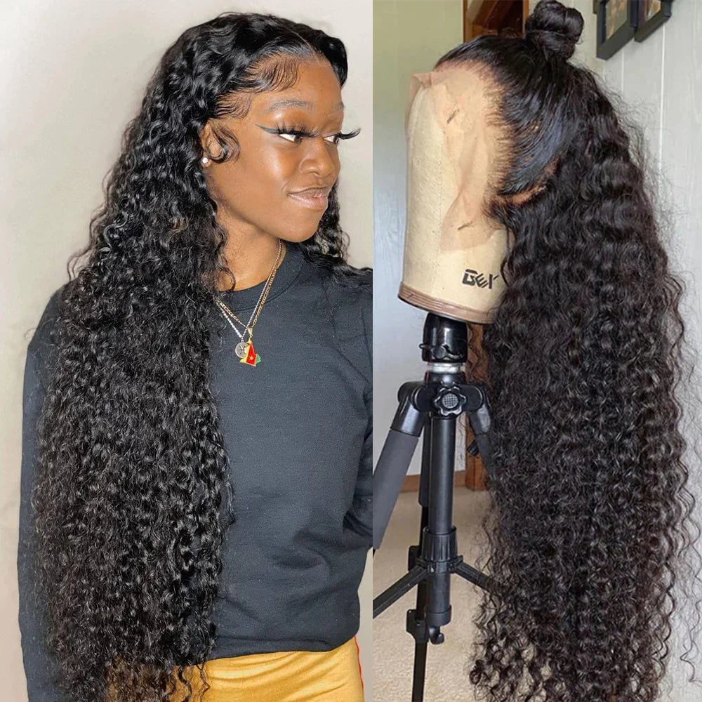 Full Parting Deep Side Part 13x4 Transparent Lace Frontal Wigs Deep Wave Texture Natural Black 1b 