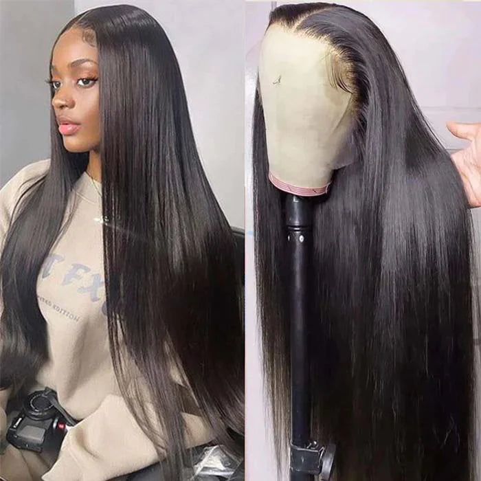 Full Parting Deep Side Part 13x4 Transparent Lace Frontal Wigs Straight Texture Natural Black 1b 